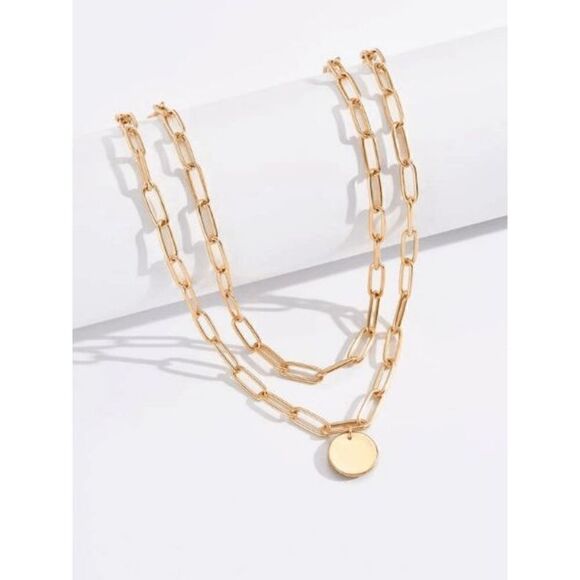 GOLD PLATED LAYERED LINK NECKLACE WITH HANGING ROUND CHARM - Picture 3 of 5
